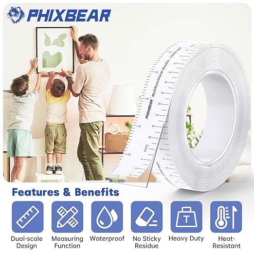 Removable Double Sided Tape Heavy Duty & Heat Resistant with Measurement Guide (Printed Inch/cm Backing), Clear Mounting Strips for Home & Office, Picture Hanging, 1.18" x 9.85' Roll
