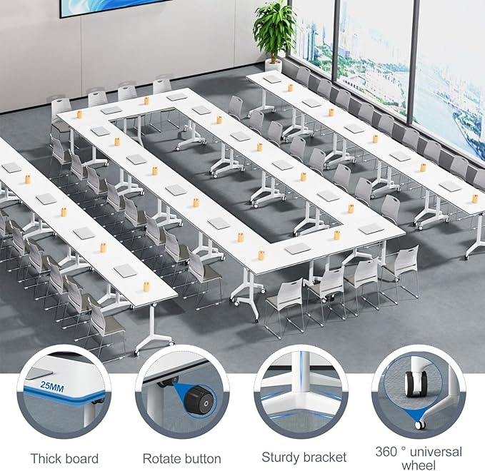 Folding Conference Room Table, Modern Mobile Training Table with Wheels, White Foldable Seminar Meeting Tables for Office Corporations (4pack 55.1in)