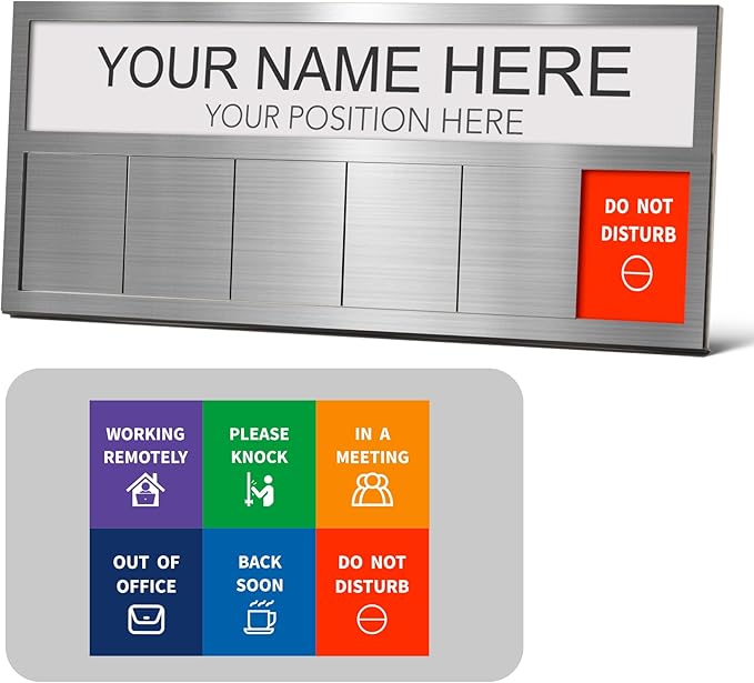 Name Plate for Desk& Office Door Sign, 6 Options Do Not Disturb, In A Meeting, Out of Office, Working Remotely, Please Knock, Stick or Stand with Desk Name Plate, Brushed silver