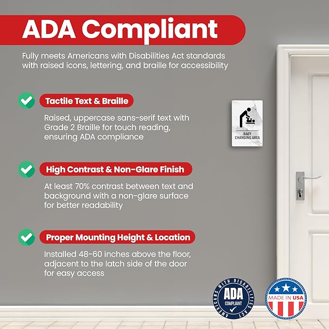 Promot Baby Changing Area Restroom Sign – ADA Braille Bathroom Sign for Business, Self-Adhesive, 9" x 6", Commercial Door Signage, Office Wall Decor - Marble Quartz