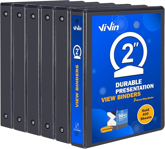 3 Ring Binder 2 Inch, ViVin Sturdy 2"-Round Ring Binder with 2 Interior Pockets, Clear View Cover, PVC-Free, Fits 400 Sheets of 8.5'' x 11'' Paper, Office Home School (6 Pack, Black)