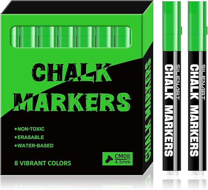 SILENART Chalk Markers Green 8 Pack - Vibrant Chalkboard Marker for Blackboard Dry Erase Board Windows Glass Mirror Menu Board - - 8 Pack