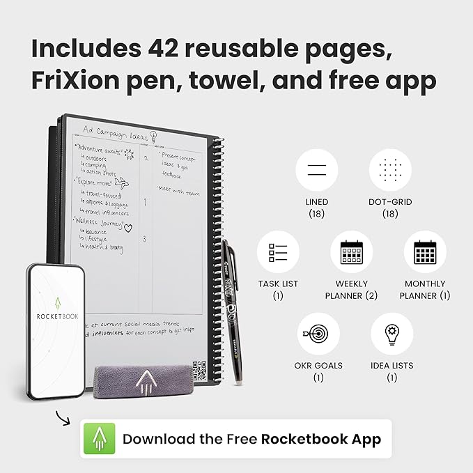 Rocketbook Fusion Reusable Undated Productivity Planner, Letter Size 8.5x11, Gray - Goals, Monthly and Weekly Calendar, Daily To-do List, Lined and Dotted Notes Pages