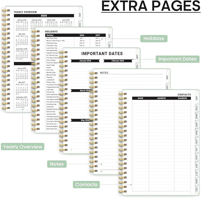 2026 Planner, Weekly and Monthly Calendar Planner, January 2026 - December 2026, Hardcover 2026 Calendar Planner Book with Tabs For Women & Men, Inner Pocket, Spiral Bound, Perfect for Office Home School Supplies - A5 (6.3" x 8.5"), Mint