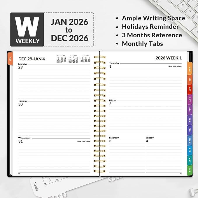 SUNEE 2026 Planner - Weekly and Monthly Calendar Planner from January 2026 - December 2026, 6.4" x 8.3" Daily Agenda with Monthly Tab, Flexible Cover, Note Pages, Pockets, Bookmark, Spiral Binding, Black