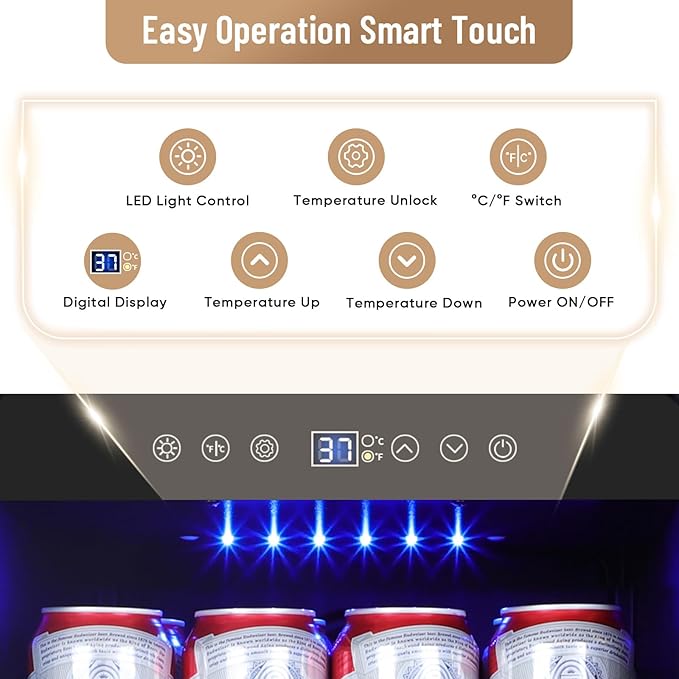 15 Inch Beverage Refrigerator, 130 Can Capacity Under Counter Fridge with Lock & Glass Door, Quiet Built-in or Freestanding Beer Cooler, Powerful Compressor for Fast Cooling