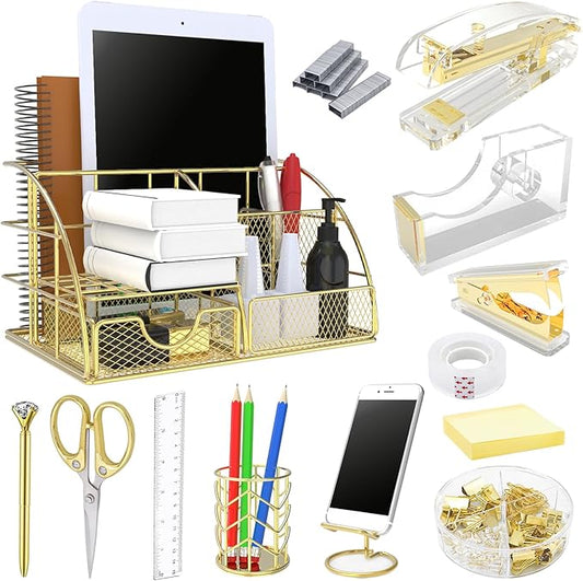Office Desk Organizers, Gold 13PCS Office Supplies and Accessories Desk organizer, Acrylic Stapler, Staple Remover, Clips, Scissor, Phone Holder, Pen, Pen Holder