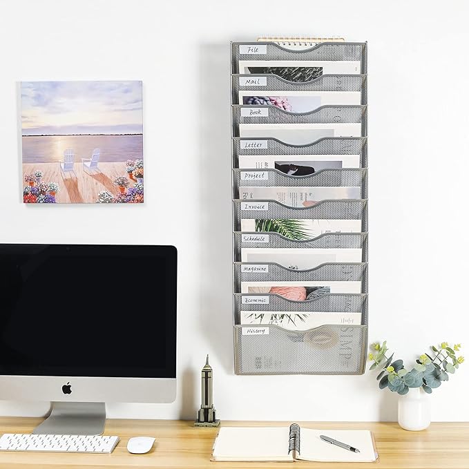 PAG Hanging Wall File Holder Organizer Mail Sorter Literature Rack for Office, 10 Pockets, Silver