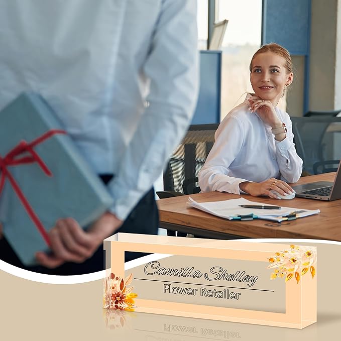 Ship Next Day Personalized Name Plate for Desk, Custom Acrylic Desk Name Sign, Office Appreciation Gifts for Women Men Coworkers Boss Teacher Employee (Yellow-Floral)