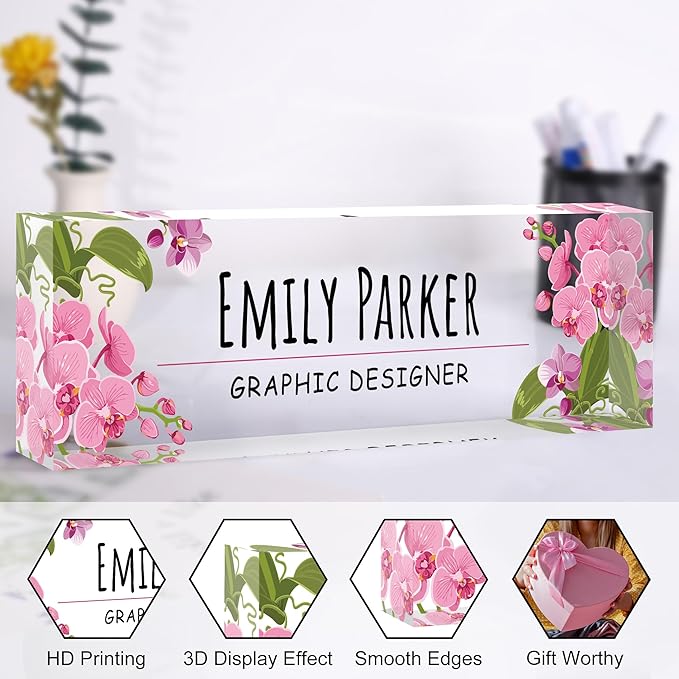 Custom Name Plate for Desk, Personalized Acrylic Office Name Sign with Name & Title, Elegant Desk Decor for Women Men, Employee Appreciation Gift (Orchid)