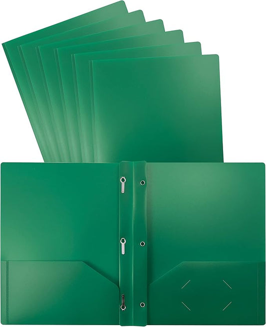 Better Office Products Green Plastic 2 Pocket Folders with Prongs, Heavyweight, Letter Size Poly Folders, 24 Pack, with 3 Metal Prongs Fastener Clips, Green