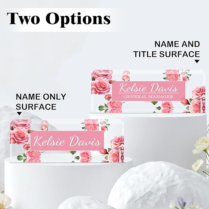 Ship Next Day-Custom Name Plate for Desk, Desk Name Plate Personalized, Acrylic Office Desk Accessories, Appreciation Gifts for Coworkers Employee Teachers Boss Women Men (Pink Rose)