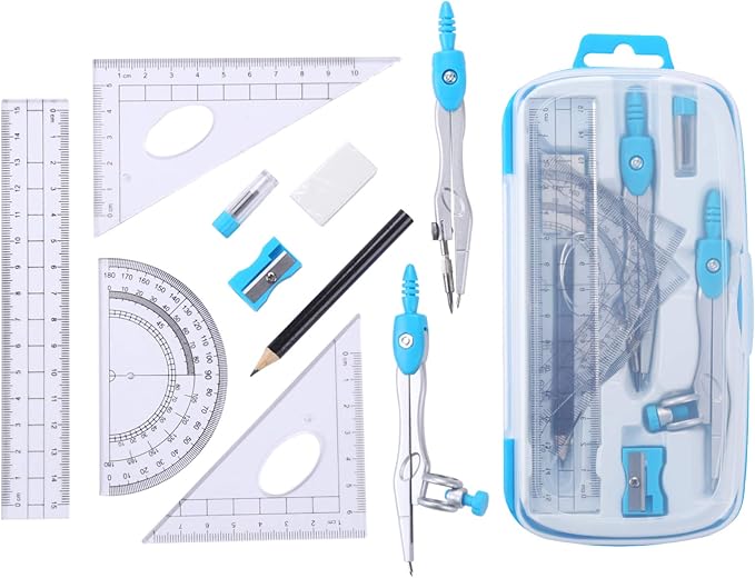 Math Geometry Kit Sets 10 Piece Student Supplies with Shatterproof Storage Box,Includes Rulers,Protractor,Compass,Eraser,Pencil Sharpener,Lead Refills,Pencil,for Drafting and Drawings（Blue）