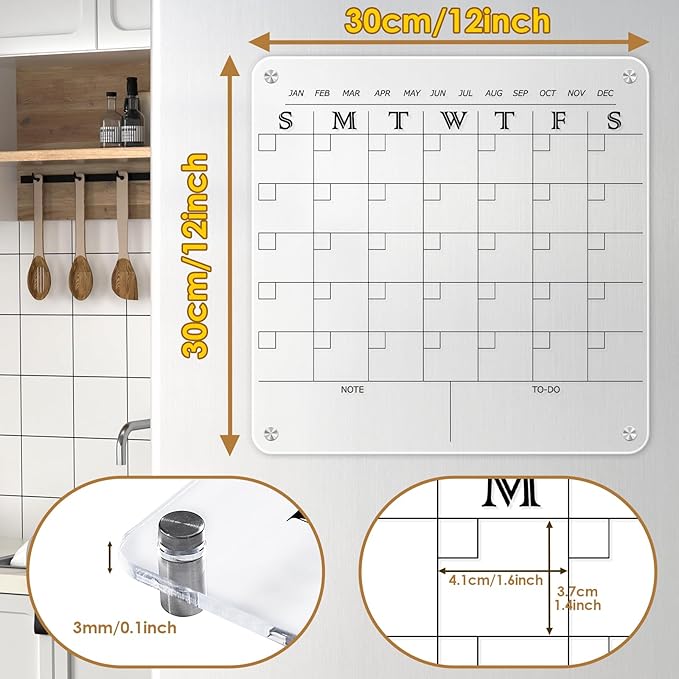 MAKELLO Acrylic Calendar for Wall, Clear Fridge Calendar for Family,2 Pens, Pen Holder, Fixing Screw and Magnets for Refrigerator,12x12 in