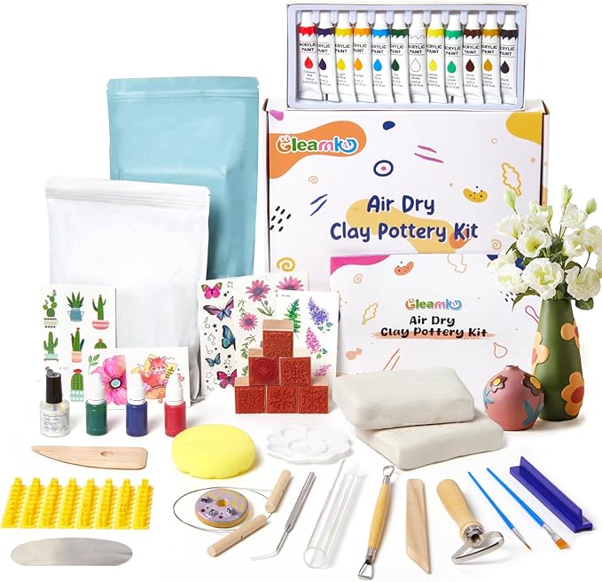 Air Dry Clay for Adults - Pottery kit for Beginner, Air Dry Clay w/Air Dy Clay Tools,White Dry Clay,Sculpting Tools, Gloss Varnish,DIY Plate Making Kit for Arts & Crafts,Christmas Gift