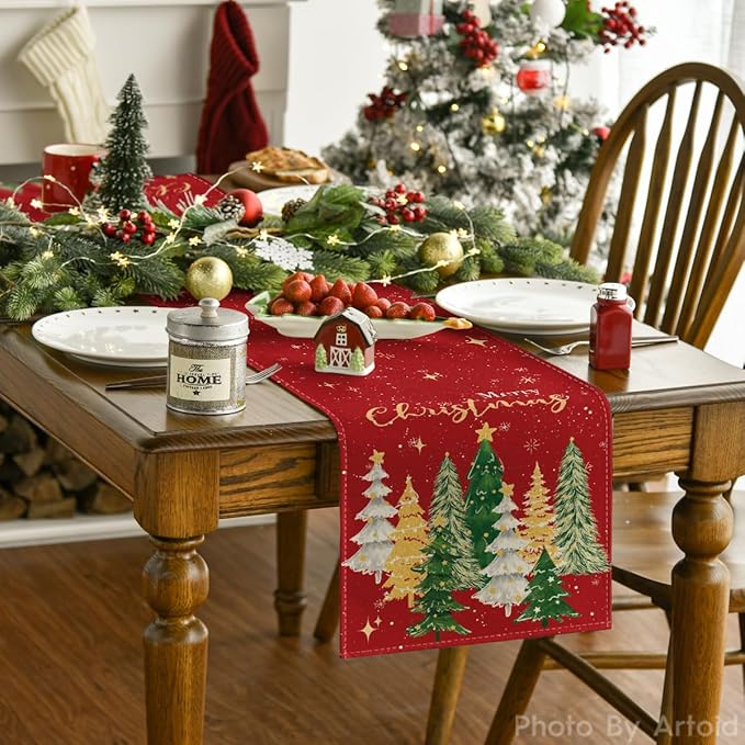 Artoid Mode Xmas Trees Merry Christmas Table Runner, Seasonal Winter Red Kitchen Dining Table Decoration for Home Party Decor 13x120 Inch