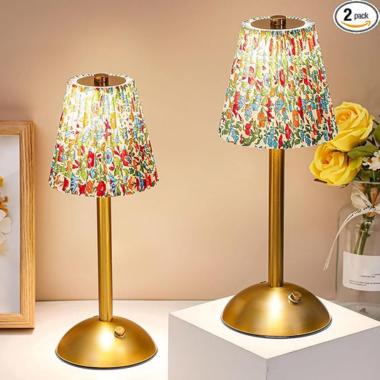 Liliful 2 Pcs LED Portable Cordless Table Lamp Touch Battery Operated Rechargeable Gold Desk Lamp 3 Color Dimmable for Bedroom Living Room Dining (Gold,Floral Style)