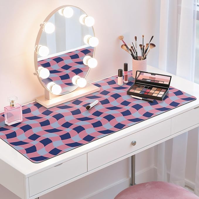 HAOCOO Checkered Desk Mat, 35.4" x 15.7" Leather Desk Matt, XXL Mouse Pad Office Decor, Non-Slip Keyboard Pads, Water Resistant Table Mat, Stitched Edge Keyboard Pad for School, Home(Pink)