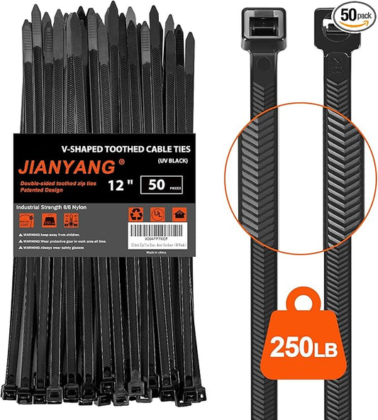 12 Inch V-Shaped Zip Ties Double Sided Toothed,250 LBS Tensile Strength Heavy Duty Cable Wire Ties With Self-Locking Adjustable More Durable Nylon Tie Wraps for Indoor Outdoor（50 Pack）