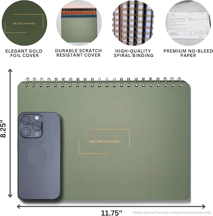 | Meeting Notebook for Work | 8.25" x 11.75" | Project Planner | Simple Design | Multiple Layouts | Office and Business Planner (Navy, Meeting Planner - Landscape)