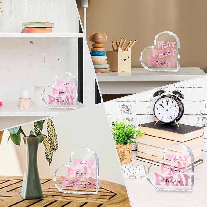 Pray on it Pray over it Pray through it Heart Acrylic Sign, Decorative, Pink Dorm Room Decor for Women, Pink Office Desk Accessories Decor Sign, Bathroom Acrylic Sign(Heart)