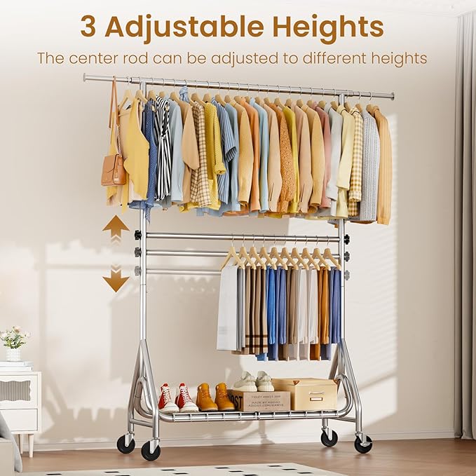 Heavy Duty Clothes Rack for Hanging Clothes, Double Rods Clothing Rack with Lockable Wheels, Rolling Garment Racks with Shelf, Easy to Assemble, Silver