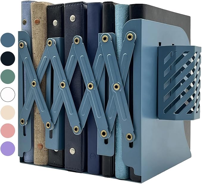 Kingsmile Book Ends, Adjustable Bookends for Shelves, Metal Bookends for Heavy Books, Book Stopper Organzier with Pen Holder for Desk, Kids Room, Office, Classroom, Library, Study Room.(Blue)