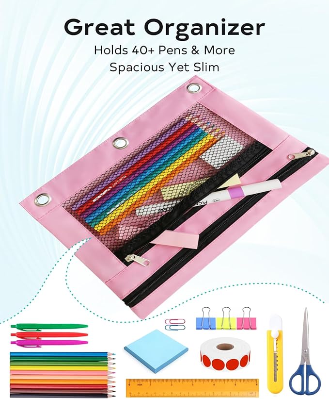 Pink Pencil Pouch for 3 Ring Binder - Zipper Pencil Case Bag Holder Bulk Accessories, Small Clear Window Aesthetic Organizer Pockets 3 Hole School Essentials