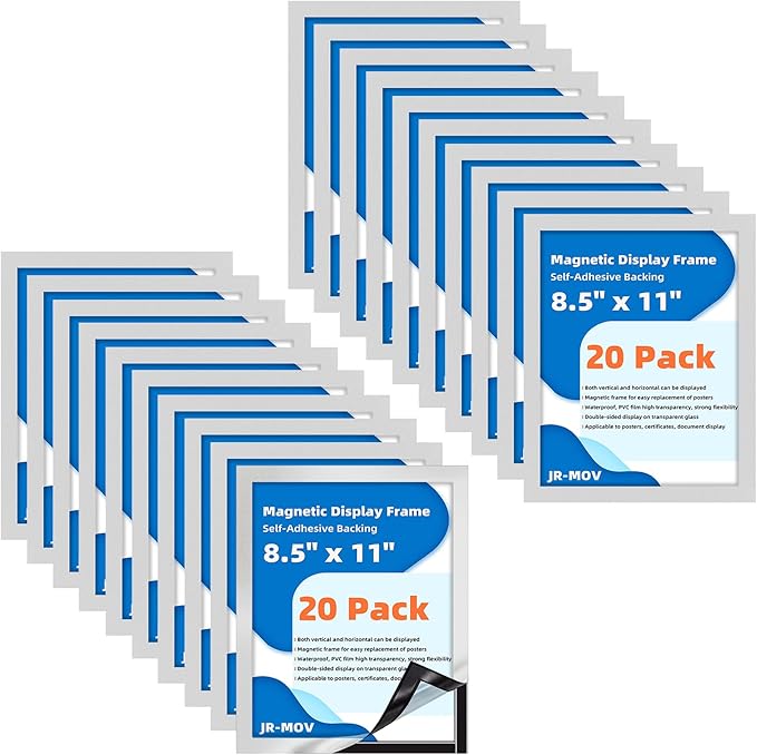Magnetic Frames for Refrigerator, 20 Pack Double Sided Magnetic Sign Holder 8.5 x 11 for Display Picture Paper Document Flyer Page, Reusable Adhesive Frames for Walls Door Window Glass