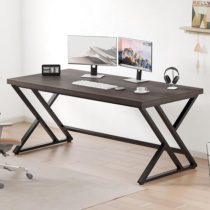 LVB Modern Computer Desk, Industrial Home Office Desk, Metal Wood Writing Study Computer Table for Bedroom, Farmhouse Executive Simple Gaming Work Desk for Student, Dark Gray Oak, 60 Inch