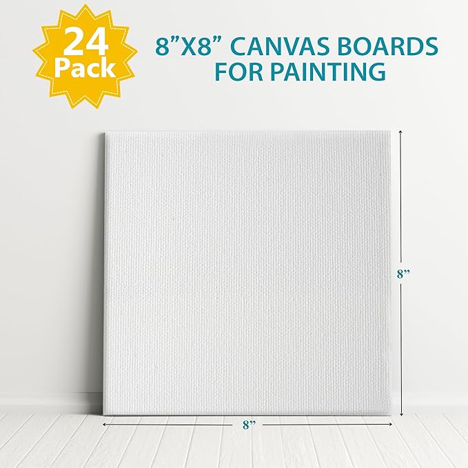 KEFF Canvas Boards for Painting - 8x8 24-Pack Bulk Canvas Panels, 100% Cotton Triple Primed Art Canvases for Painting Supplies, Acrylic, Oil, Watercolor & Tempera