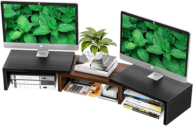 Simple Trending Monitor Stand Riser for Desk Organizer , Adjustable Length and Angle 3 Shelf with Drawer, Black