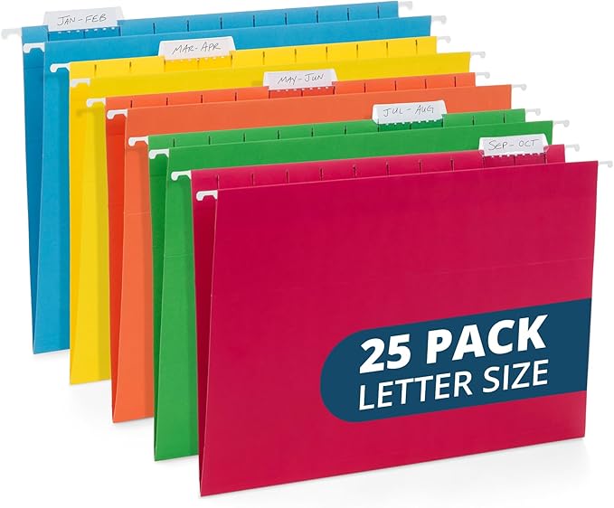 Blue Summit Supplies 25 Colored Hanging File Folders Letter Size with Tabs, Colored File Folders Hanging, Assorted Colors, Reinforced for Office Filing and Organization