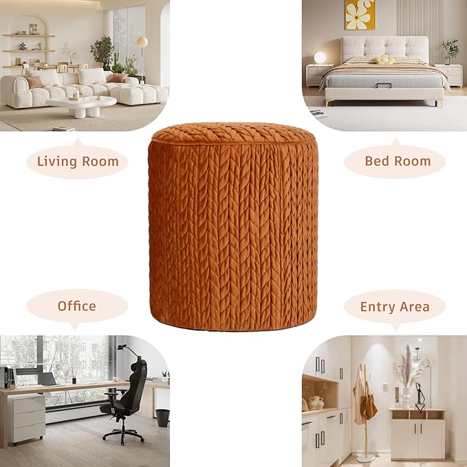 Modern Round Ottoman, Braided-Tufted Foot Stool Ottoman, Velvet Upholstered Vanity Stool for Makeup, Bedroom, Living Room, Dark Orange