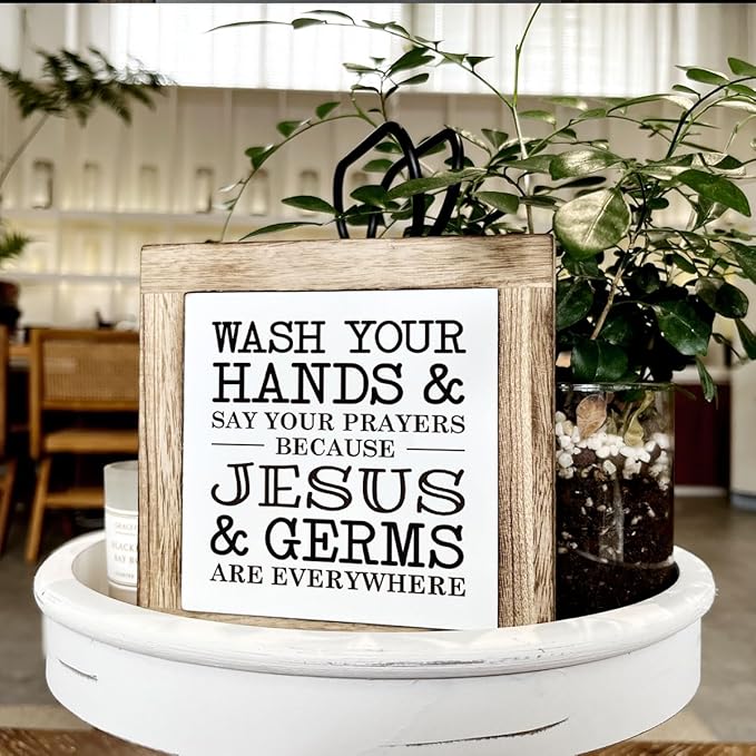 Christian Bathroom Sign, Wash Your Hands and Say Your Prayers Because Jesus and Germs are Everywhere, Wooden Box Signs for Home Decor, Bathrooms Decors Tabletop, Bathroom Box Sign B6-103