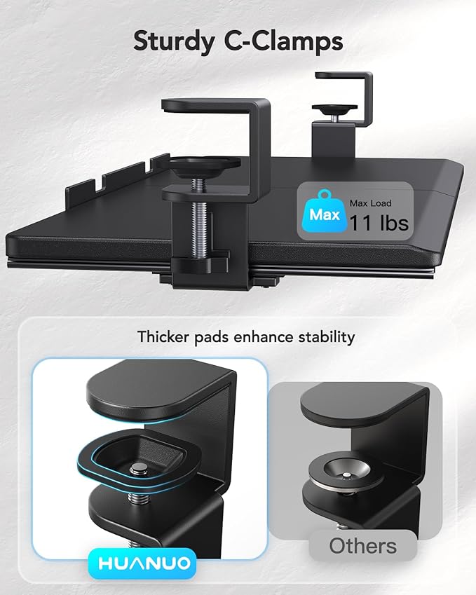 HUANUO Keyboard Tray Under Desk, Pull Out Keyboard Tray with C Clamp Mount, 26.5″ W x 11.8″ D Slide Out Computer Keyboard Drawer Mouse Tray for Typing, Black