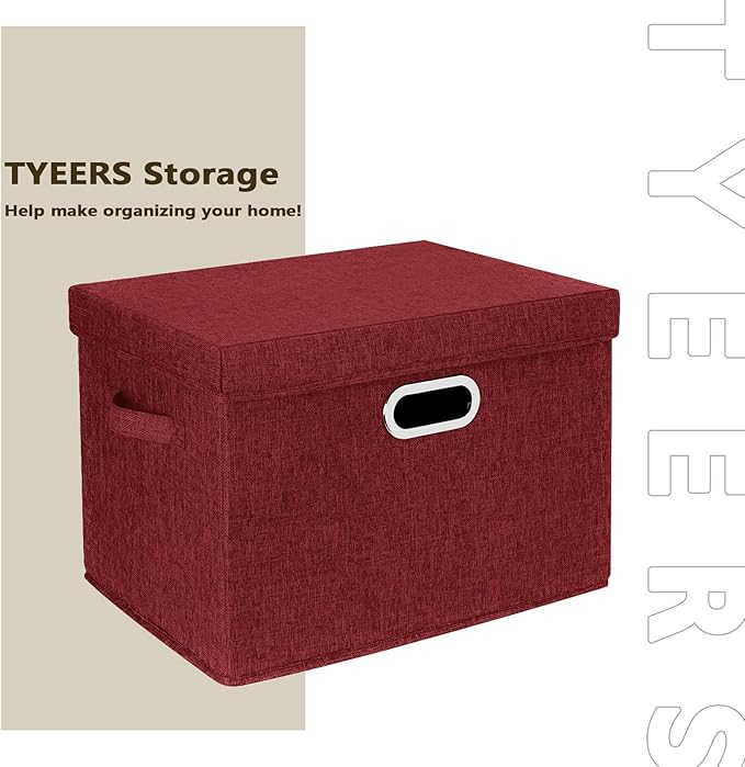 TYEERS Large Collapsible Storage Bins with Lids, Organization Bins for Closet Storage, Clothes Storage, Folding Storage Box with Lids for Home Office Storage - 3 Pack - Red Wine