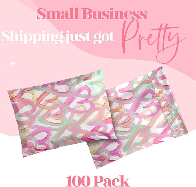 14.5x19 Designer Poly Mailer 100 Pack Heavy Duty Waterproof Self Seal Shipping Bags for Small Business Large Mailing Envelopes Bulk Tear Resistant Cute Packaging Happy Hearts