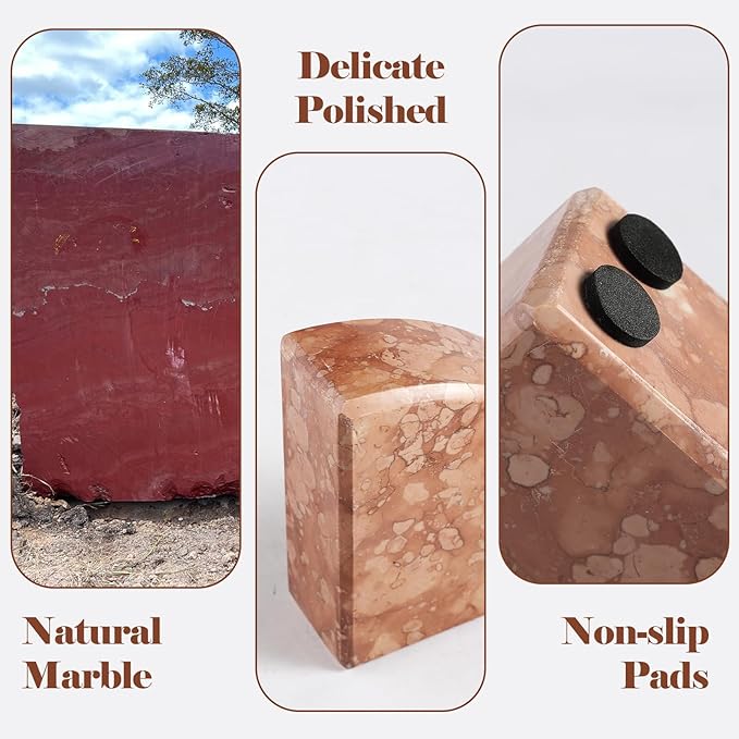 Marble Bookend for Shelves, Non-Skid Bookends for Heavy Books, Heavy Duty Book Stopper for CDs, Luxury Book Shelf Holder, Quarter Circle Design Book Ends Decorative, Perlino Rosato, Set of 2