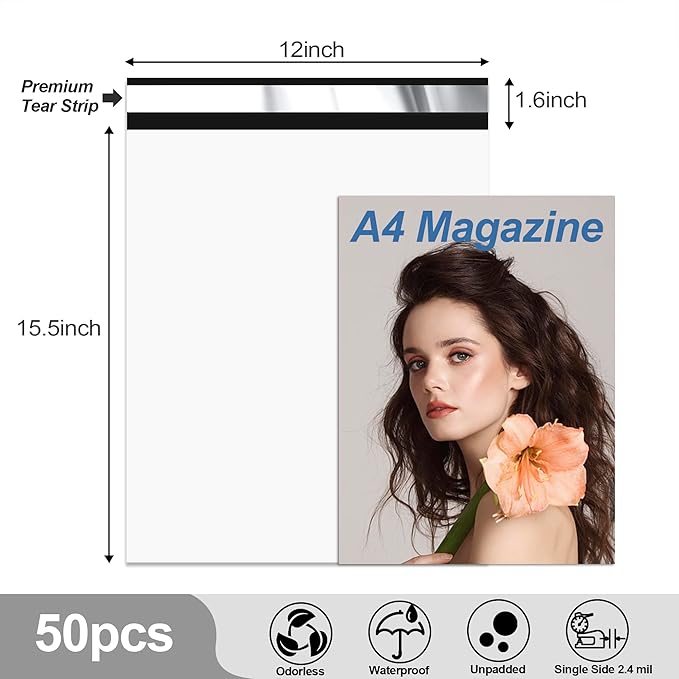 JinRuiKJ Thank You Poly Mailer 12x15.5 Inch 50 PCS, Shipping Bags for Clothing, Packaging Bags for Small Business, Strong Adhensive, Waterproof and Tear-Resistant Mailing Envelopes, White