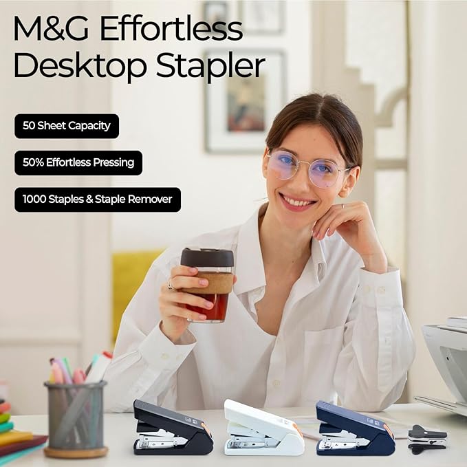 M&G Effortless Stapler 50 Sheet Capacity One-Touch Stapling, Heavy Duty Desktop Stapler Includes 1000 Staples and Remover, Portable Handheld Staplers for Home & Office (Black)