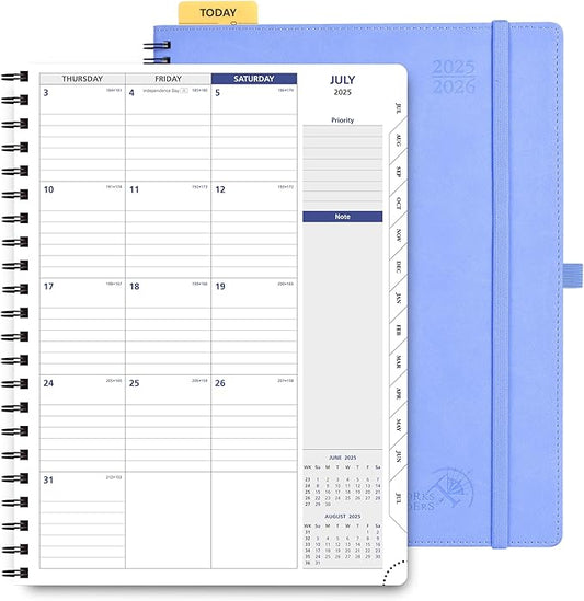 POPRUN 2025-2026 Monthly Planner Spiral Bound, 8.5'' x 11.25'' Academic Calendar (July 2025-July 2026) Appointment Book with Stair Tabs, Leather Cover, 4 Pages per Month with Notes - Cornflower