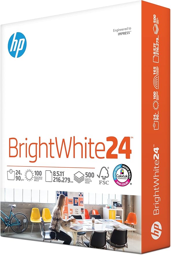 HP Papers | 8.5 x 11 Paper | BrightWhite 24 lb |1 Ream - 500 Sheets| 100 Bright | Made in USA - FSC Certified | 203000R