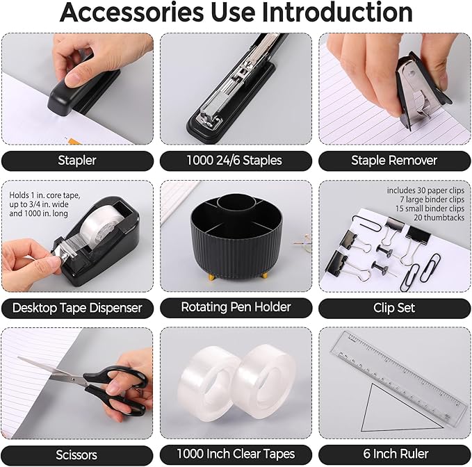SKYDUE Black Office Supplies, Black Office Desk Accessories 10PCS, Pencil Holder for Desk, Stapler, Tape Dispenser, Scissors, Ruler, Clips and 1000pcs Staples, Desk Supplies Set