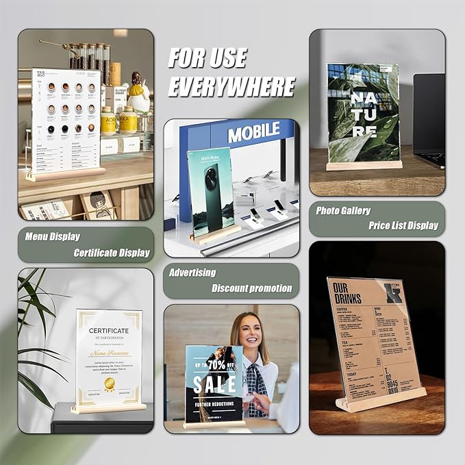 Acrylic Sign Holder 8.5 x 11 with Combined L and T-Shaped Wood Base,High Transparency Table Card Stand for Advertisements, Menu, Picture,Honor Certificates or other Flyers(3 packs)