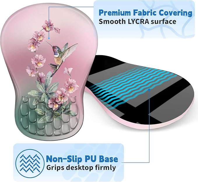 YIWEI Ergonomic Mouse Pad with Wrist Rest Support, Mousepad with Comfortable Memory Foam Wrist Rest and Non-Slip PU Base for Pain Relief, Computer, Laptop, Office, Home (Hummingbird)