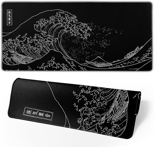 Japanese Gaming Mouse Pad Black Mouse Pad Kanagawa Large Mousepad Non-Slip Rubber Base Waterproof with Stitched Edges for Gaming Office Home, 31.5x11.8 Inch (Black Wave)