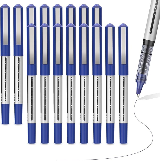 16 Pack Fine Point Smooth Writing Pens, Rollerball Pens 0.5mm Blue Liquid Gel Ink Pens Set for Writing, Taking Notes, Office, Journaling, School Supplies