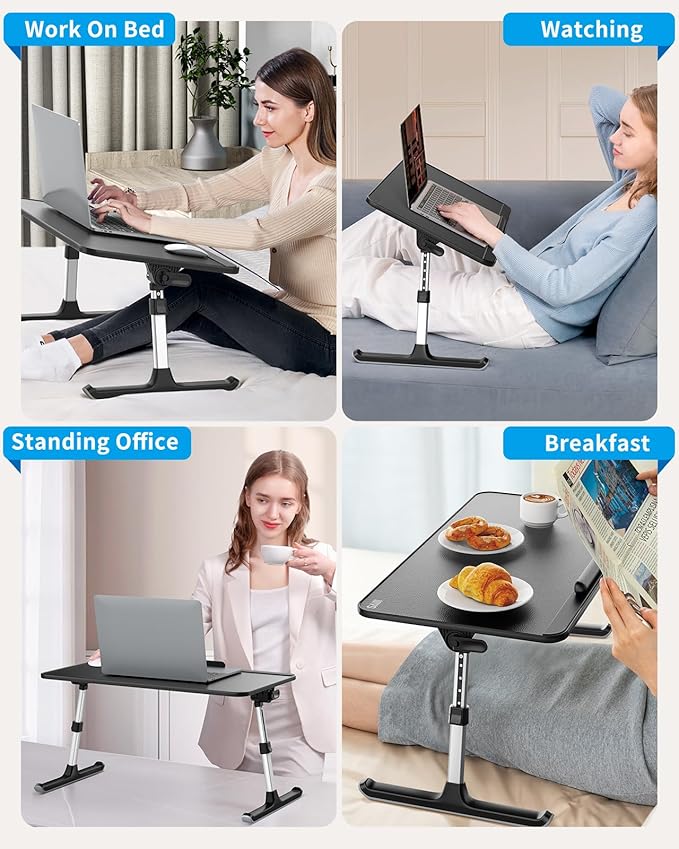 SAIJI PU Leather Laptop Bed Tray Table, Adjustable Laptop Stand with Removable Stopper, Portable Lap Desks with Foldable Legs, Notebook Stand Breakfast Reading Desk for Sofa Couch(Large, Black)