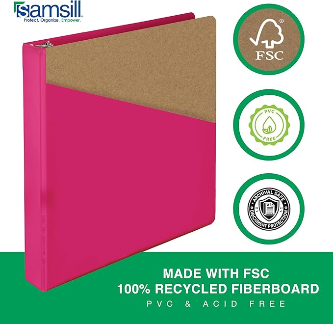 Samsill Durable 1 Inch Binder, Made in The USA, D Ring Binder, Customizable Clear View Cover, Magenta, Holds 225 Pages